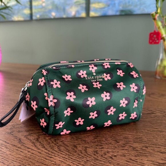 New! Kate Spade Chelsea Nylon Medium Cosmetic Bag -Green Floral - Picture 1 of 6